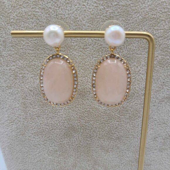 J Crew Gold Tone Freshwater Pearl Rose Quartz Crystal Earrings NWOT! - Picture 7 of 7
